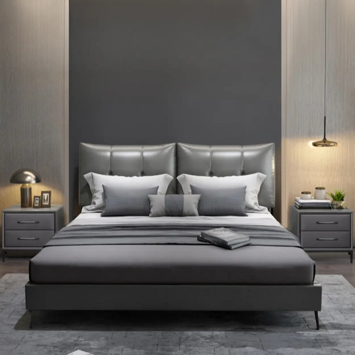 Blue 2 Tiers Storage Square Leather Nightstand with Legs Image - 12