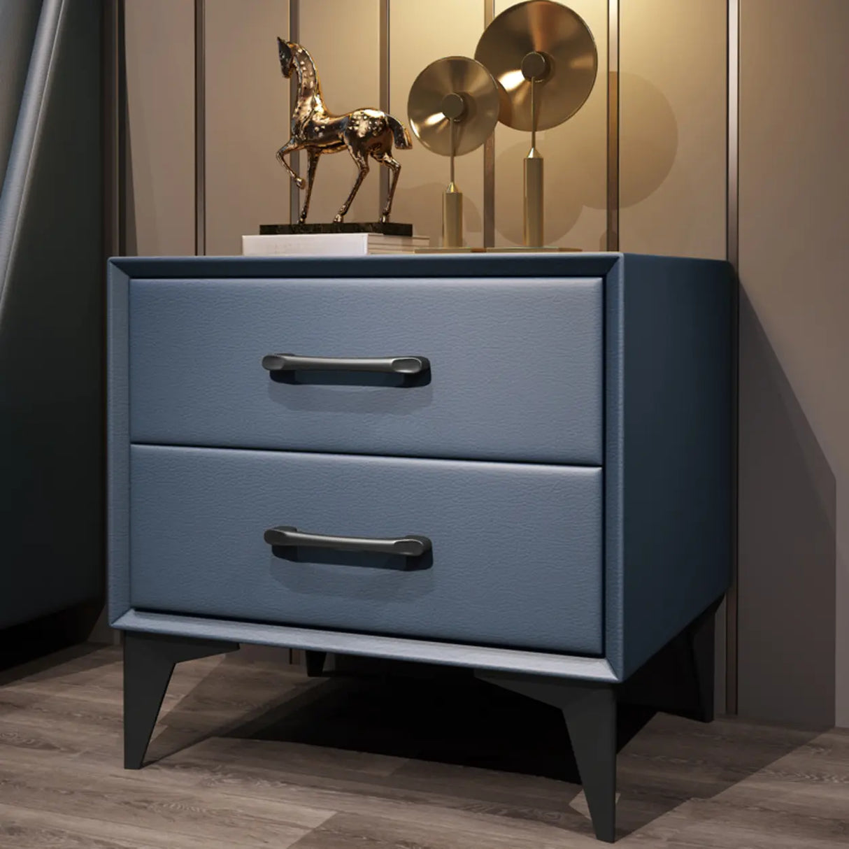 Blue 2 Tiers Storage Square Leather Nightstand with Legs Image - 2