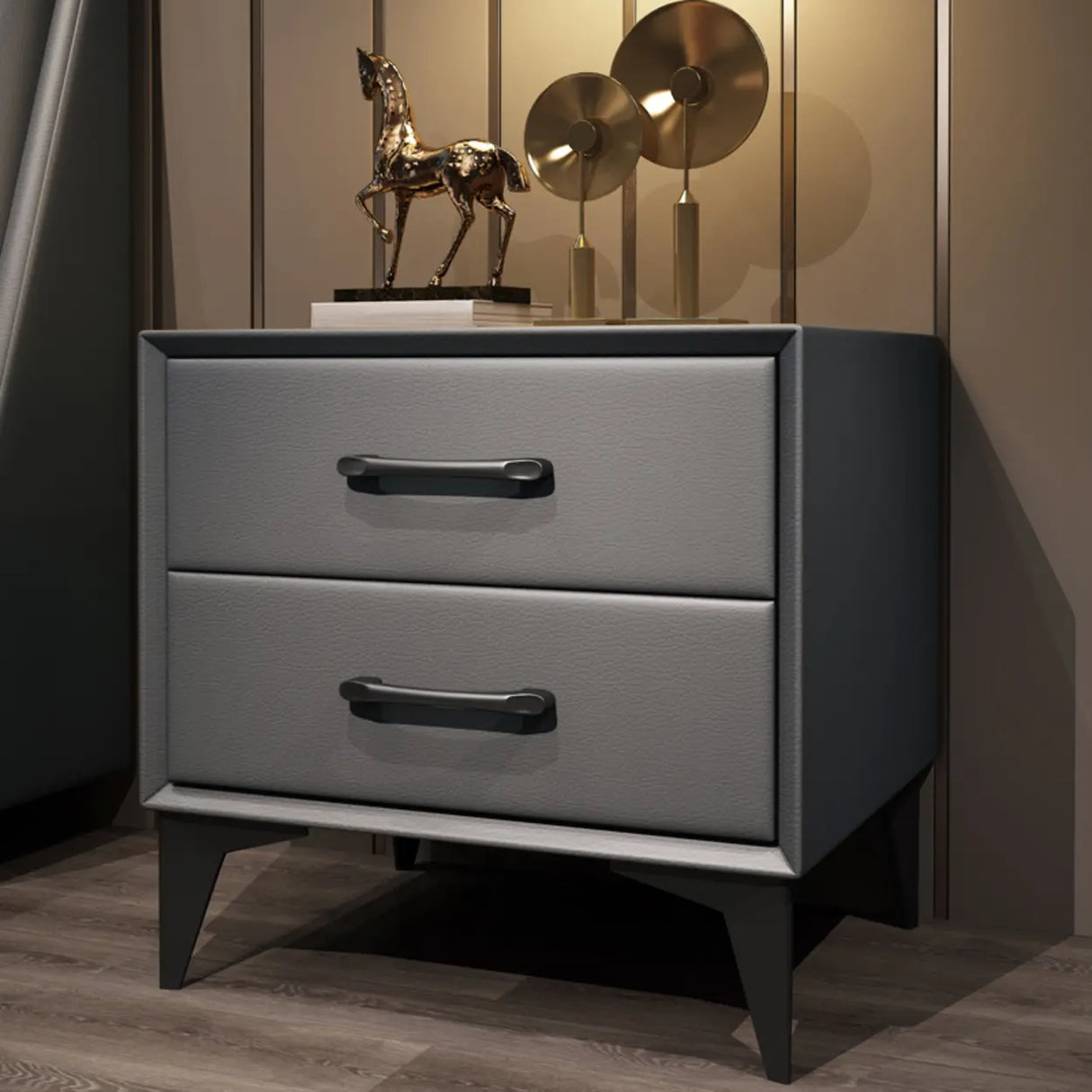 Blue 2 Tiers Storage Square Leather Nightstand with Legs Image - 5