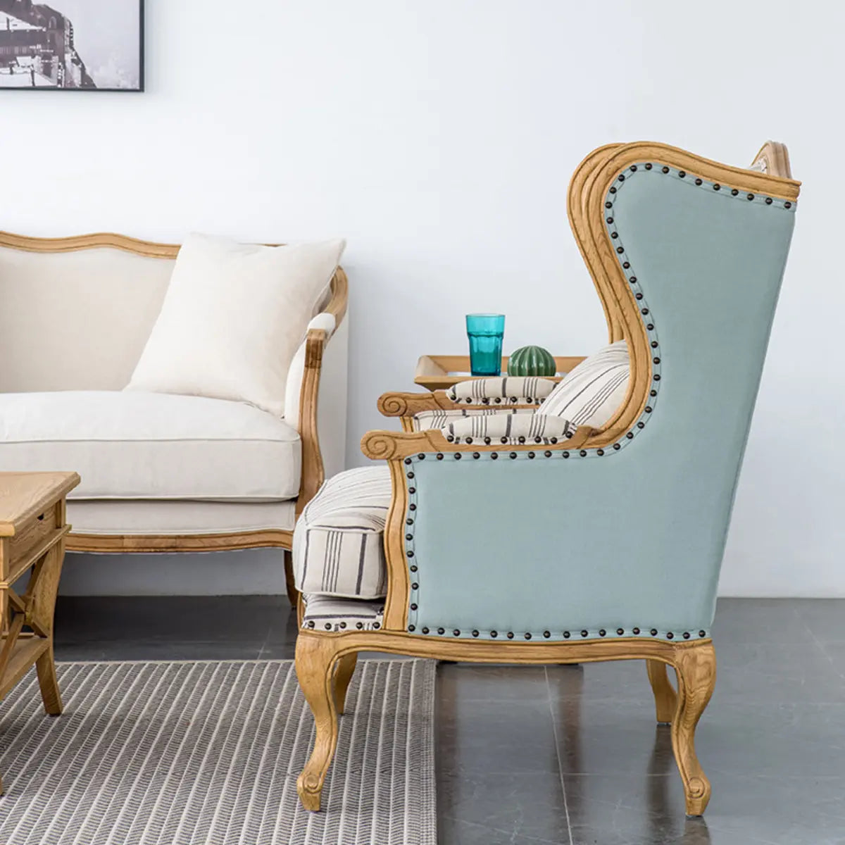 Blue-Beige Cotton Linen Pillow Back Wingback Chair Image - 1