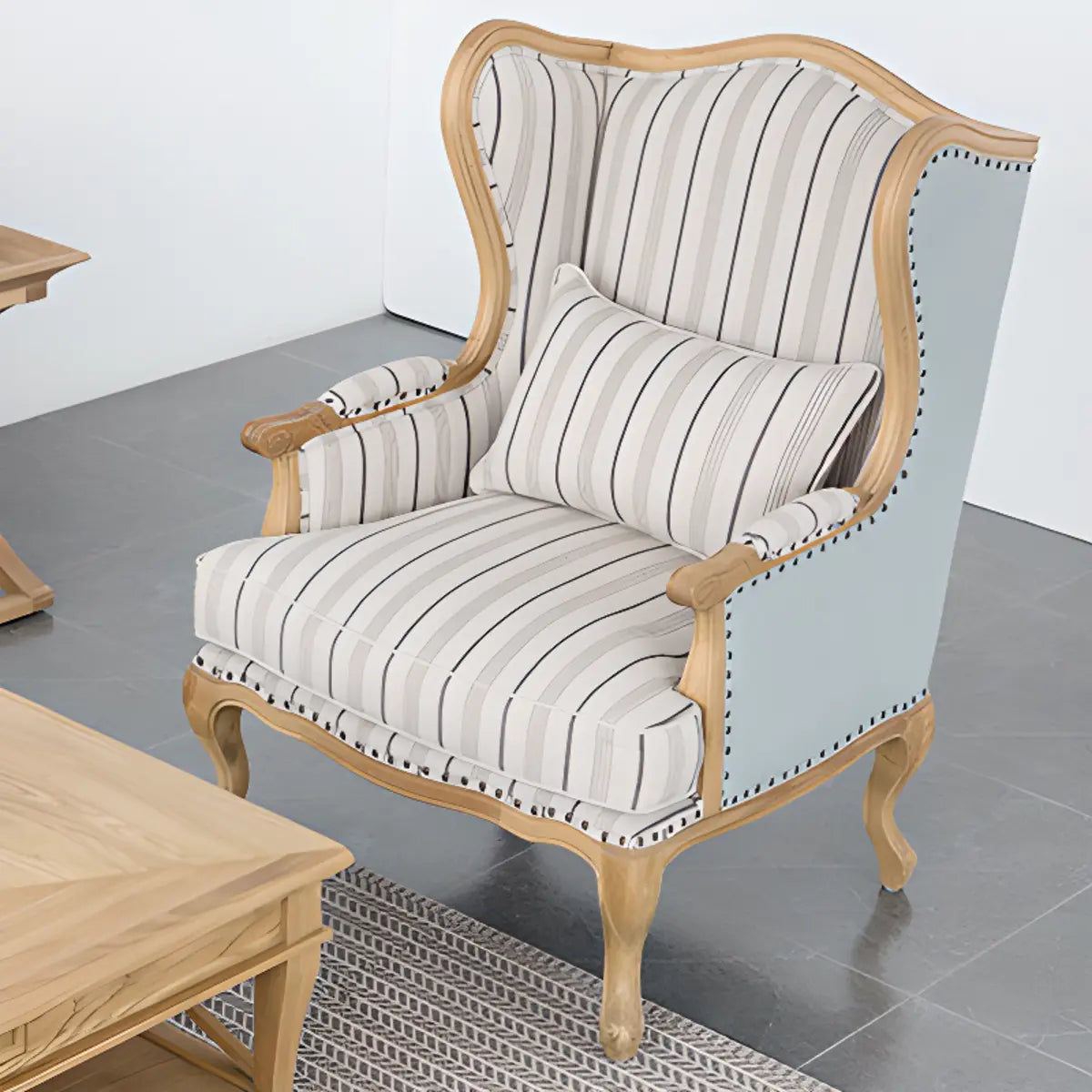 Blue-Beige Cotton Linen Pillow Back Wingback Chair Image - 2