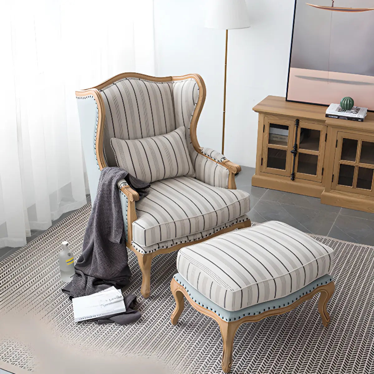 Blue-Beige Cotton Linen Pillow Back Wingback Chair Image - 3