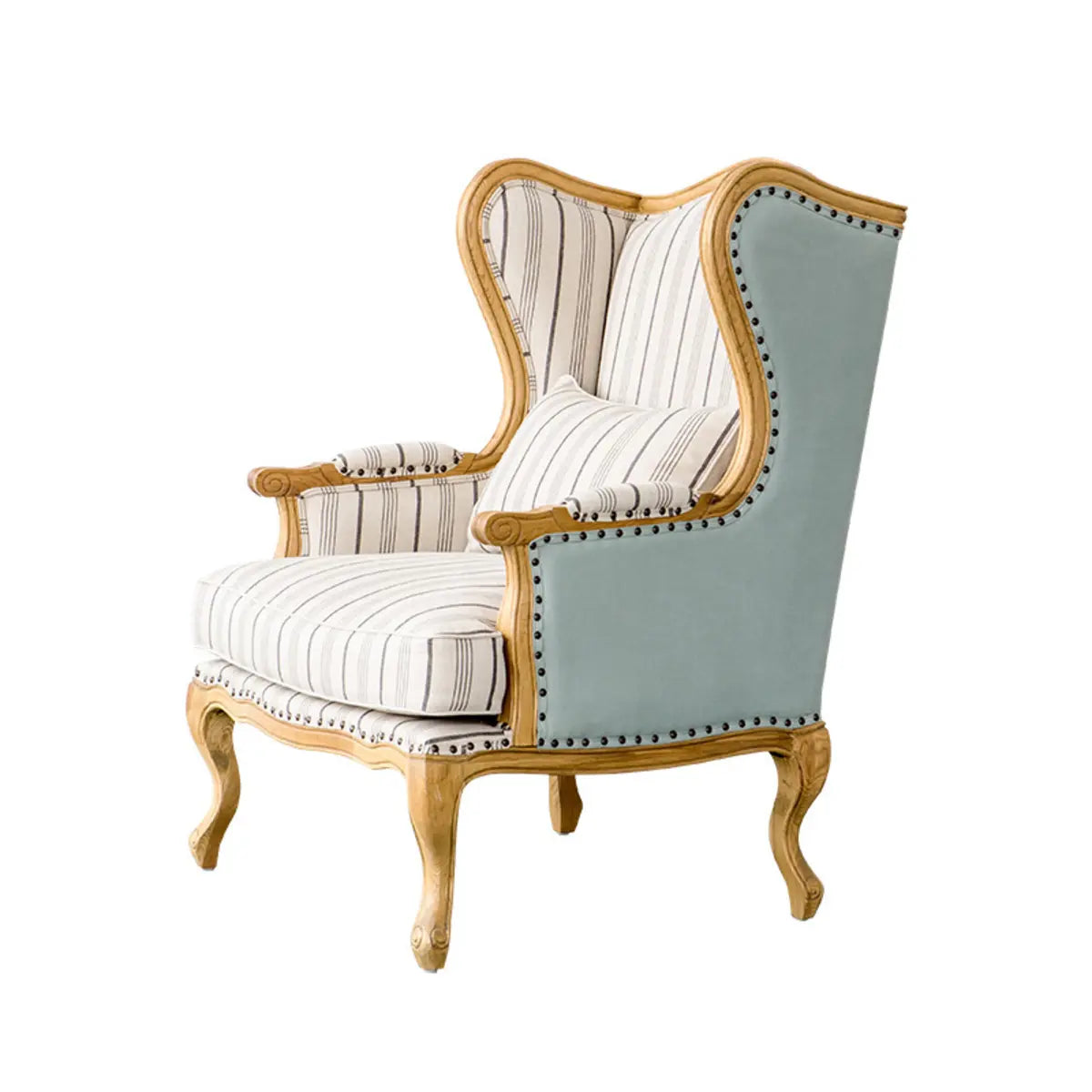 Blue-Beige Cotton Linen Pillow Back Wingback Chair Image - 5