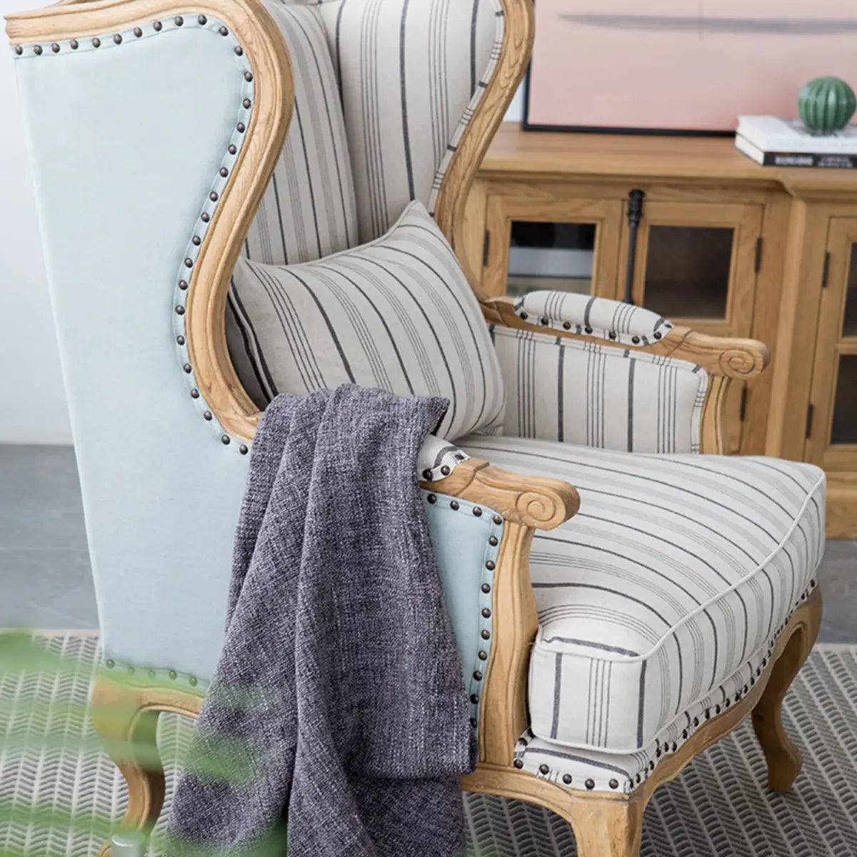 Blue-Beige Cotton Linen Pillow Back Wingback Chair Image - 6