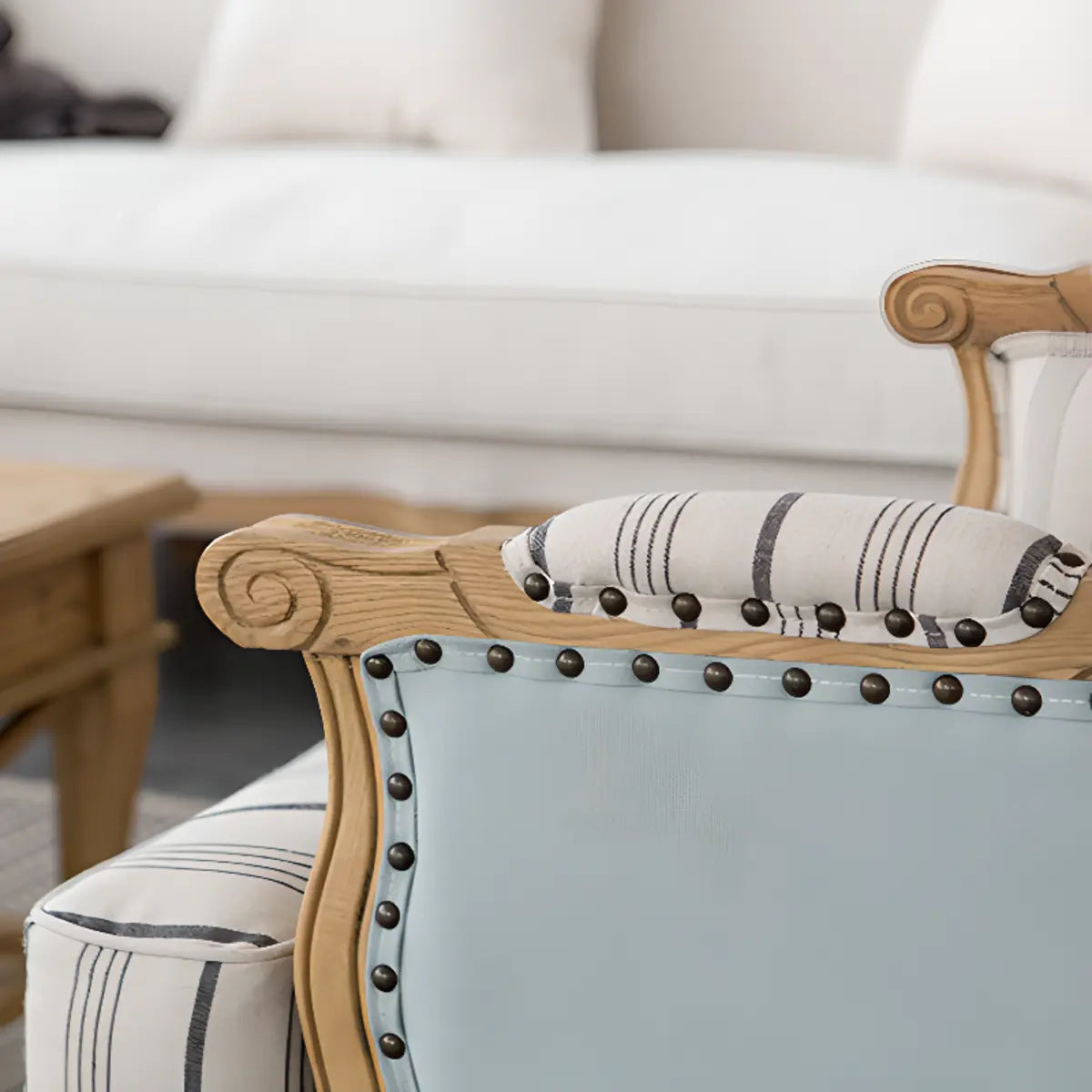 Blue-Beige Cotton Linen Pillow Back Wingback Chair Image - 9