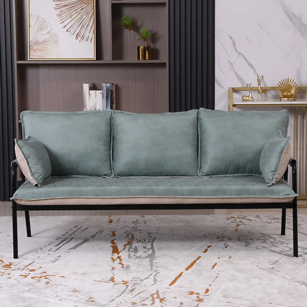 Blue-Beige Removable Cushion Square Arm Pillow Sofa Image - 1