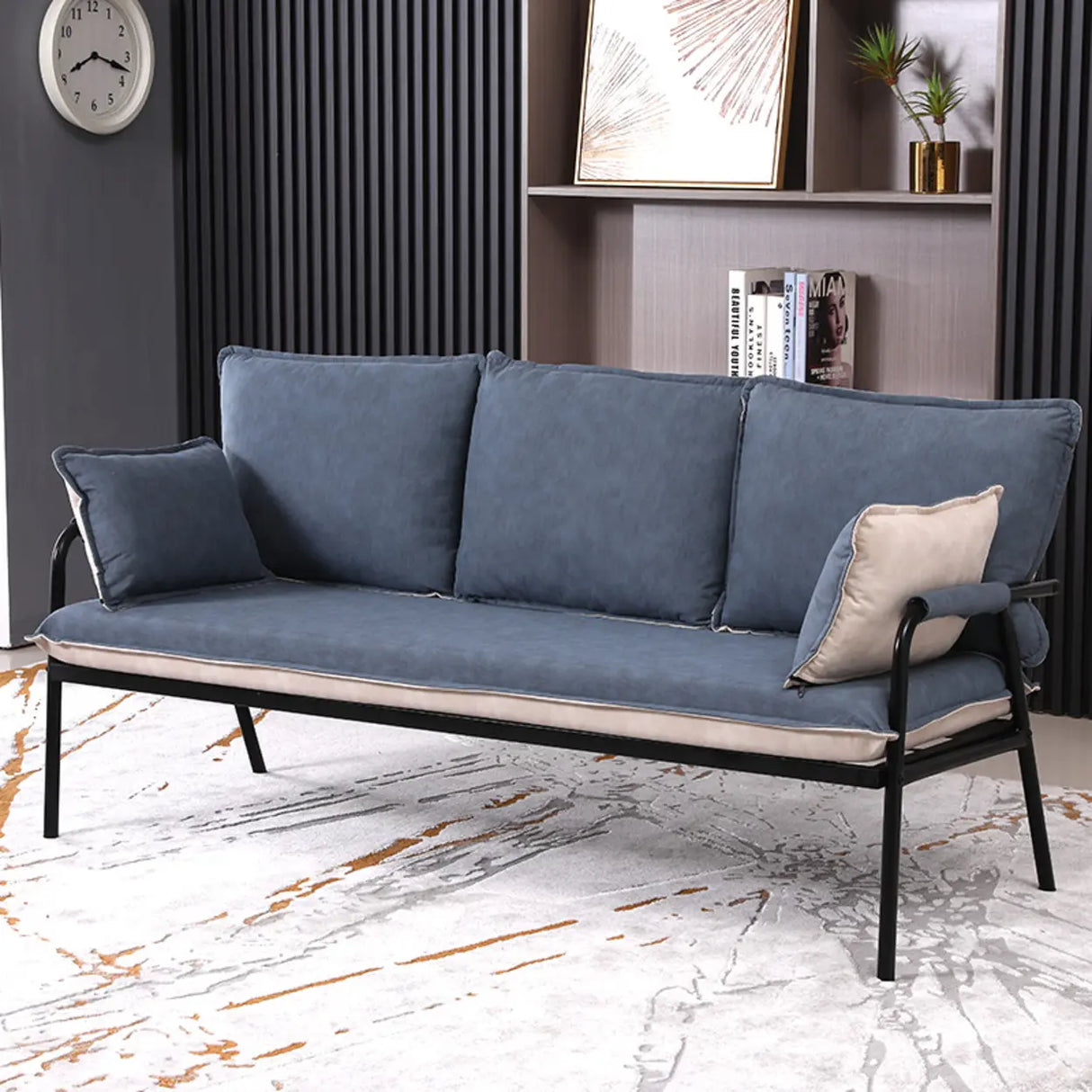 Blue-Beige Removable Cushion Square Arm Pillow Sofa Image - 2