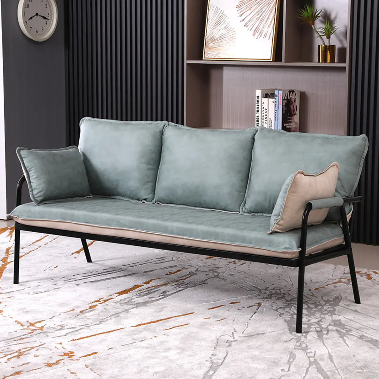 Blue-Beige Removable Cushion Square Arm Pillow Sofa Image - 3