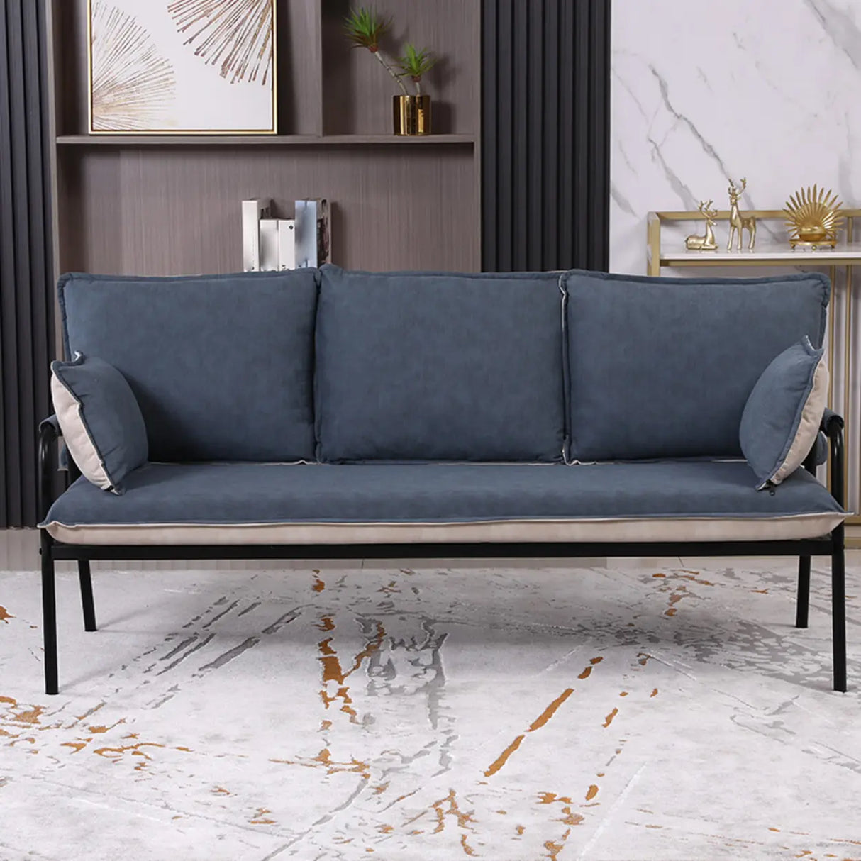 Blue-Beige Removable Cushion Square Arm Pillow Sofa Image - 4