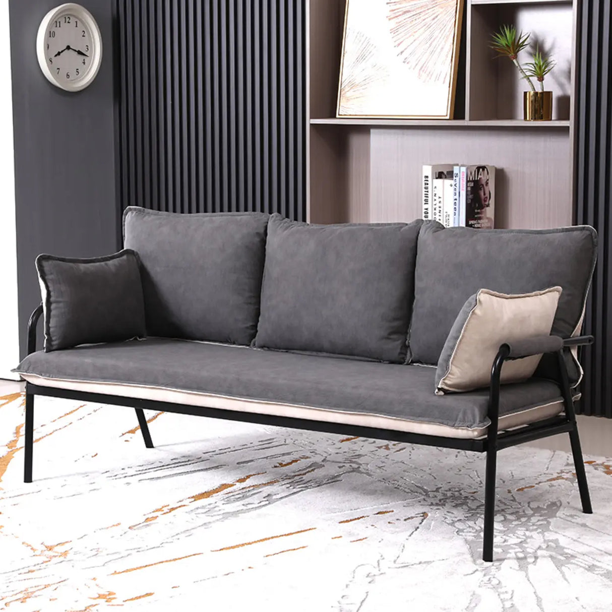 Blue-Beige Removable Cushion Square Arm Pillow Sofa Image - 7