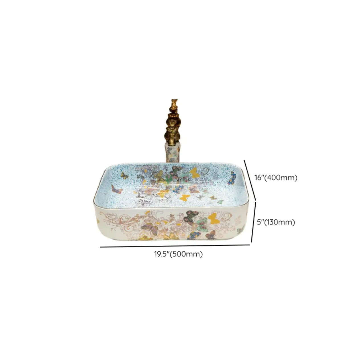 Blue Decorative Rectangular Vitreous China Vessel Sinks