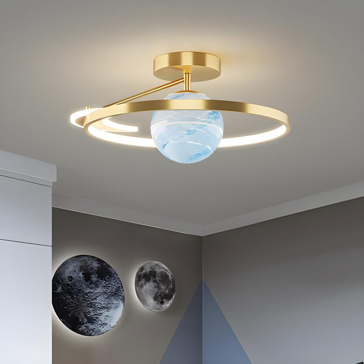 Blue Globe Gold Ring LED Semi-Flush Mount Ceiling Light Image - 1