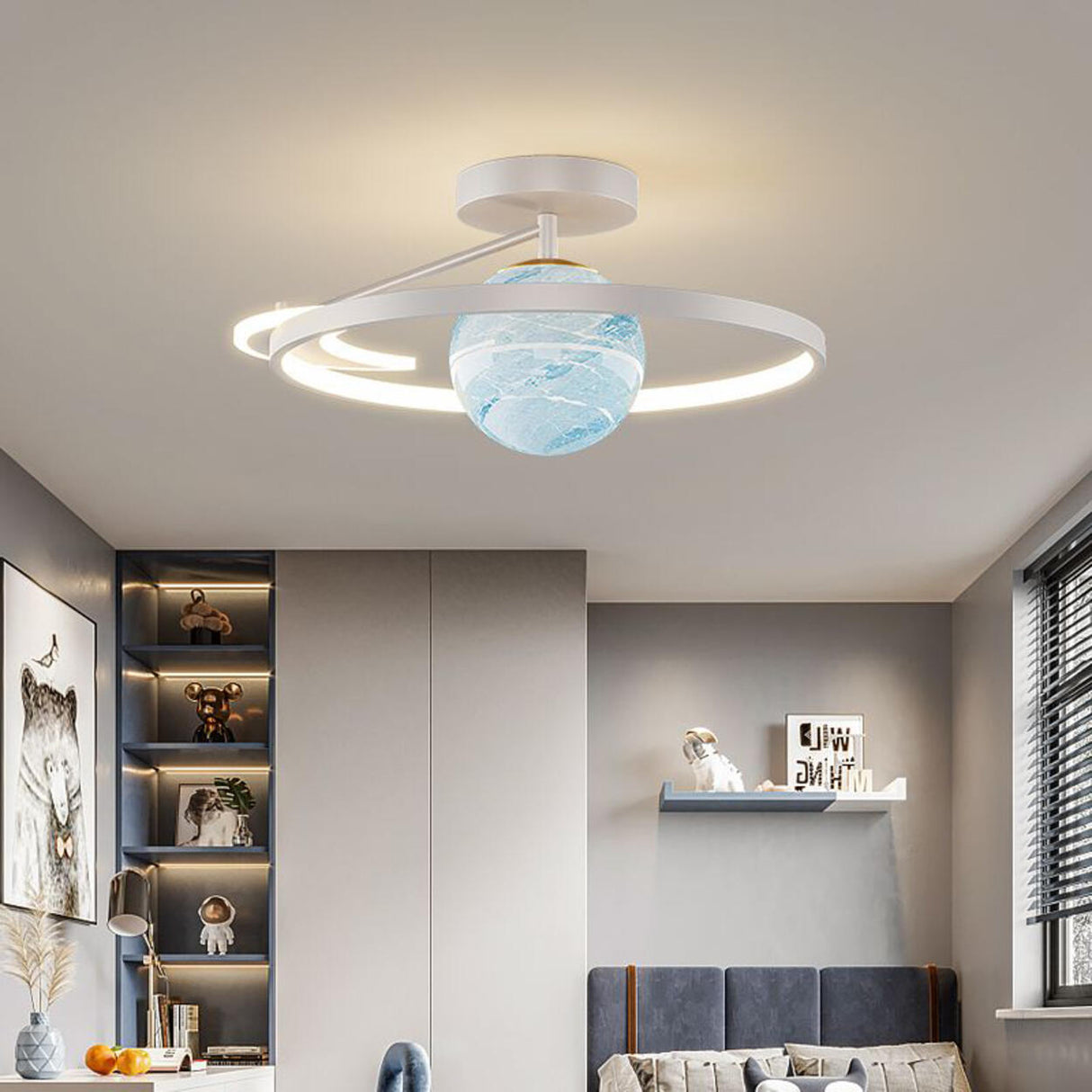 Blue Globe Gold Ring LED Semi-Flush Mount Ceiling Light Image - 12