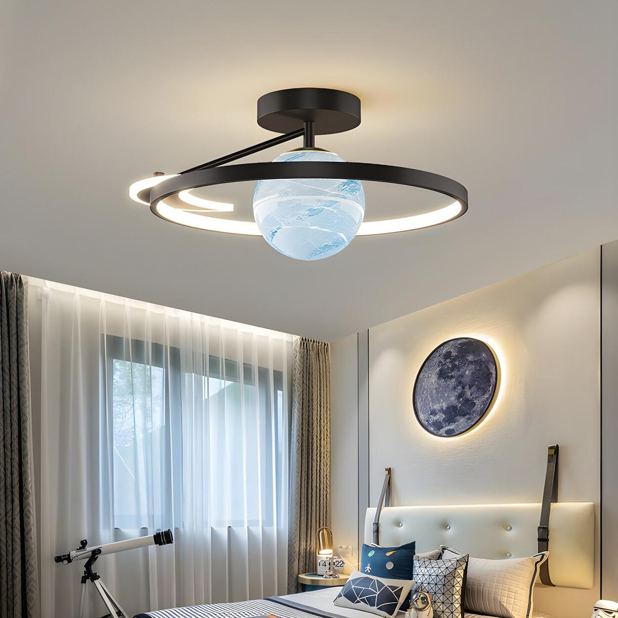 Blue Globe Gold Ring LED Semi-Flush Mount Ceiling Light Image - 3