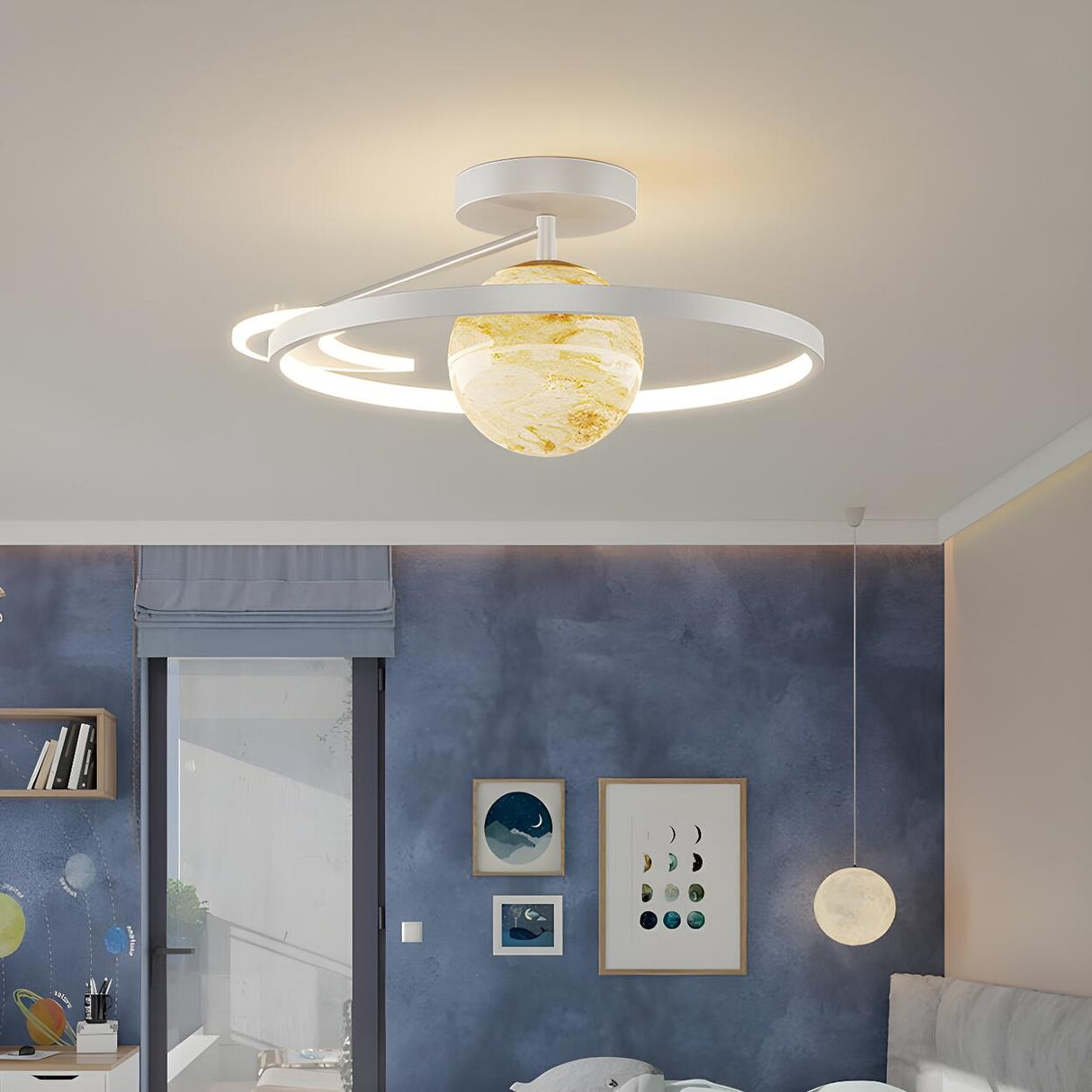 Blue Globe Gold Ring LED Semi-Flush Mount Ceiling Light Image - 5