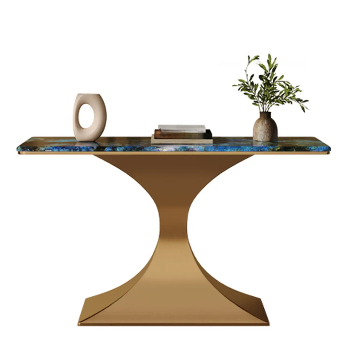 Blue-Gold Elegant Curved Base Marble Top Console Table Image - 2