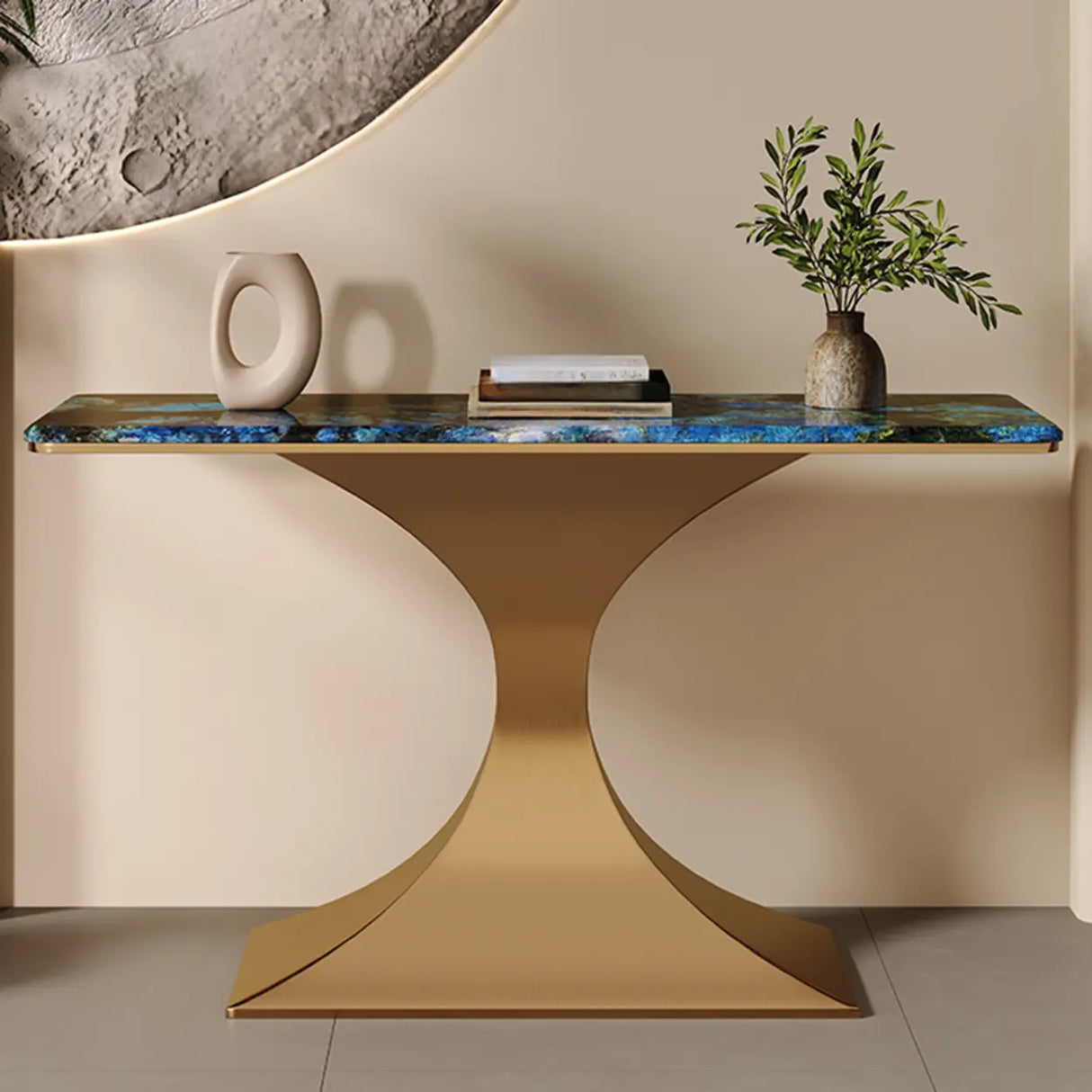 Blue-Gold Elegant Curved Base Marble Top Console Table Image - 4