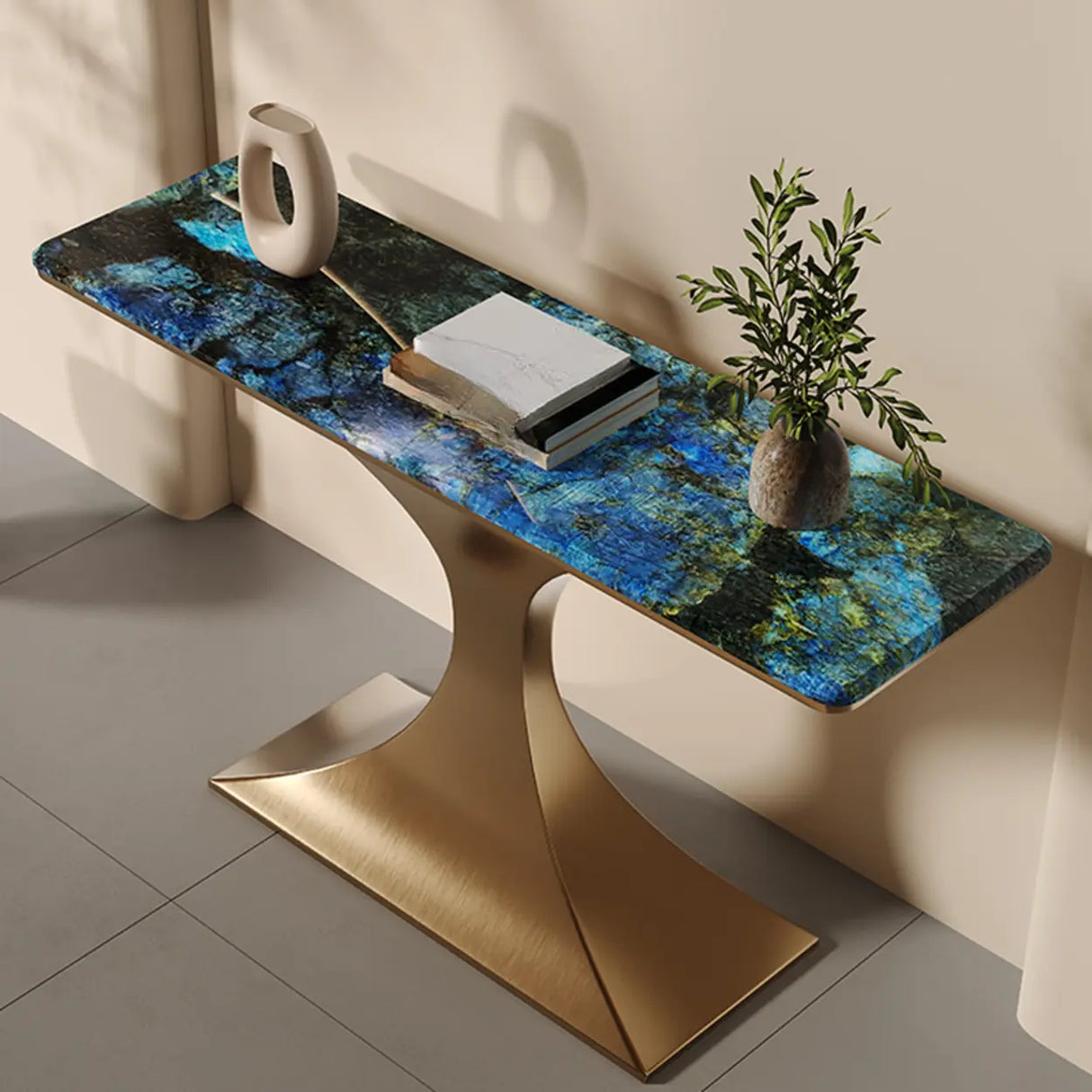 Blue-Gold Elegant Curved Base Marble Top Console Table Image - 5