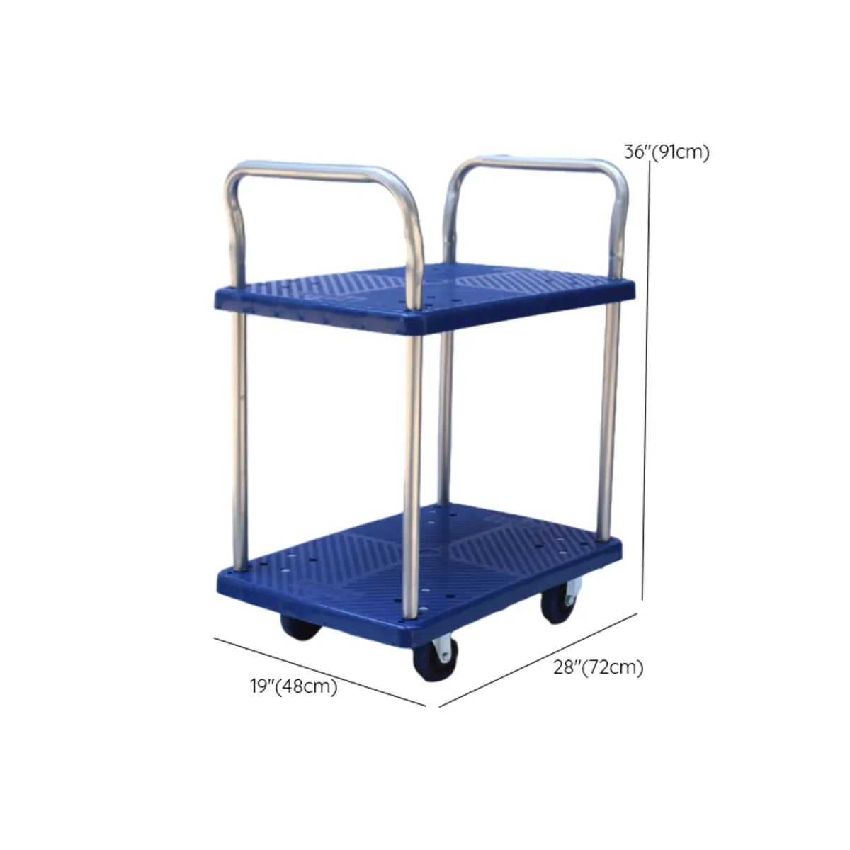 Blue Metal Utility Cart with Guardrail and 3 Shelves
