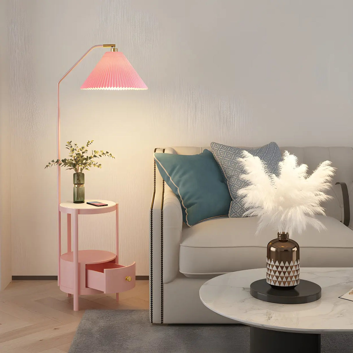 Blue Modern Cone Fabric Floor Lamp with Side Table Image - 3