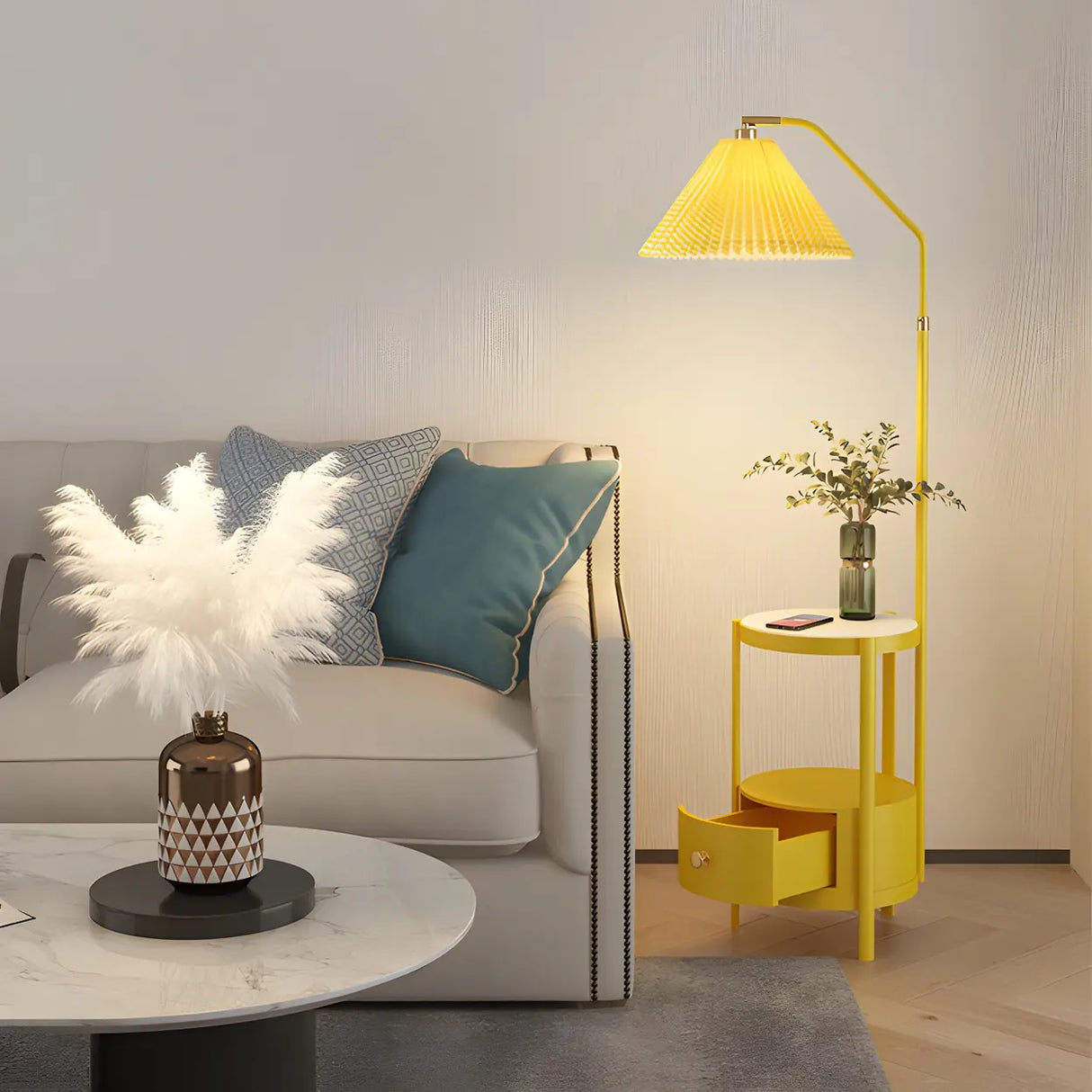 Blue Modern Cone Fabric Floor Lamp with Side Table Image - 4
