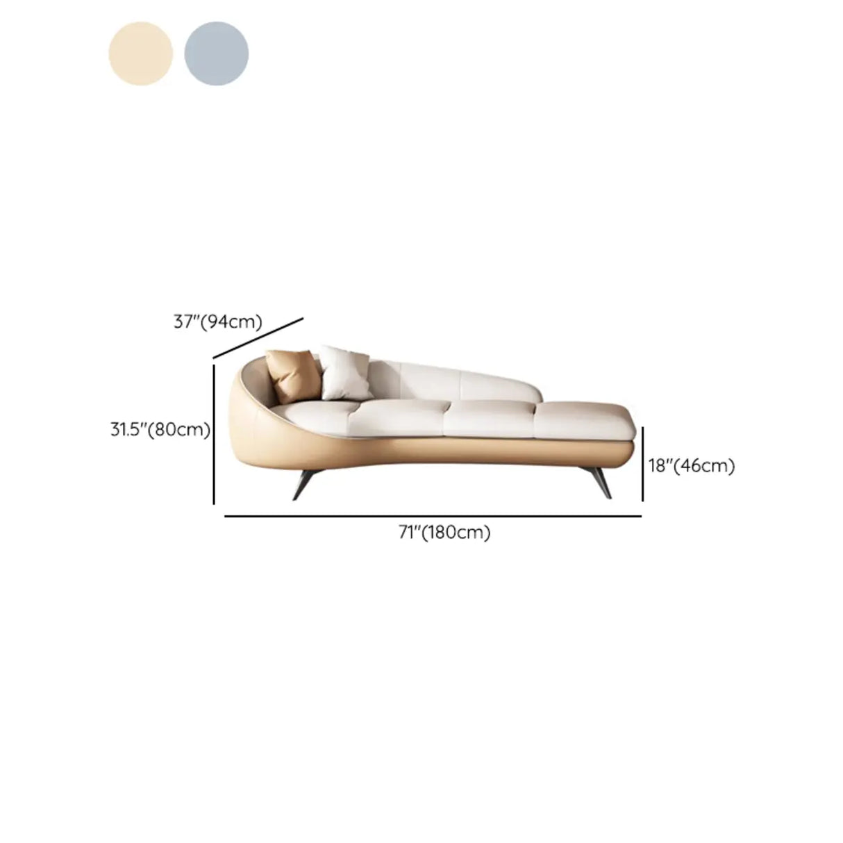 Blue Reclining Curved Leather Left-Arm Chaise with Pillow