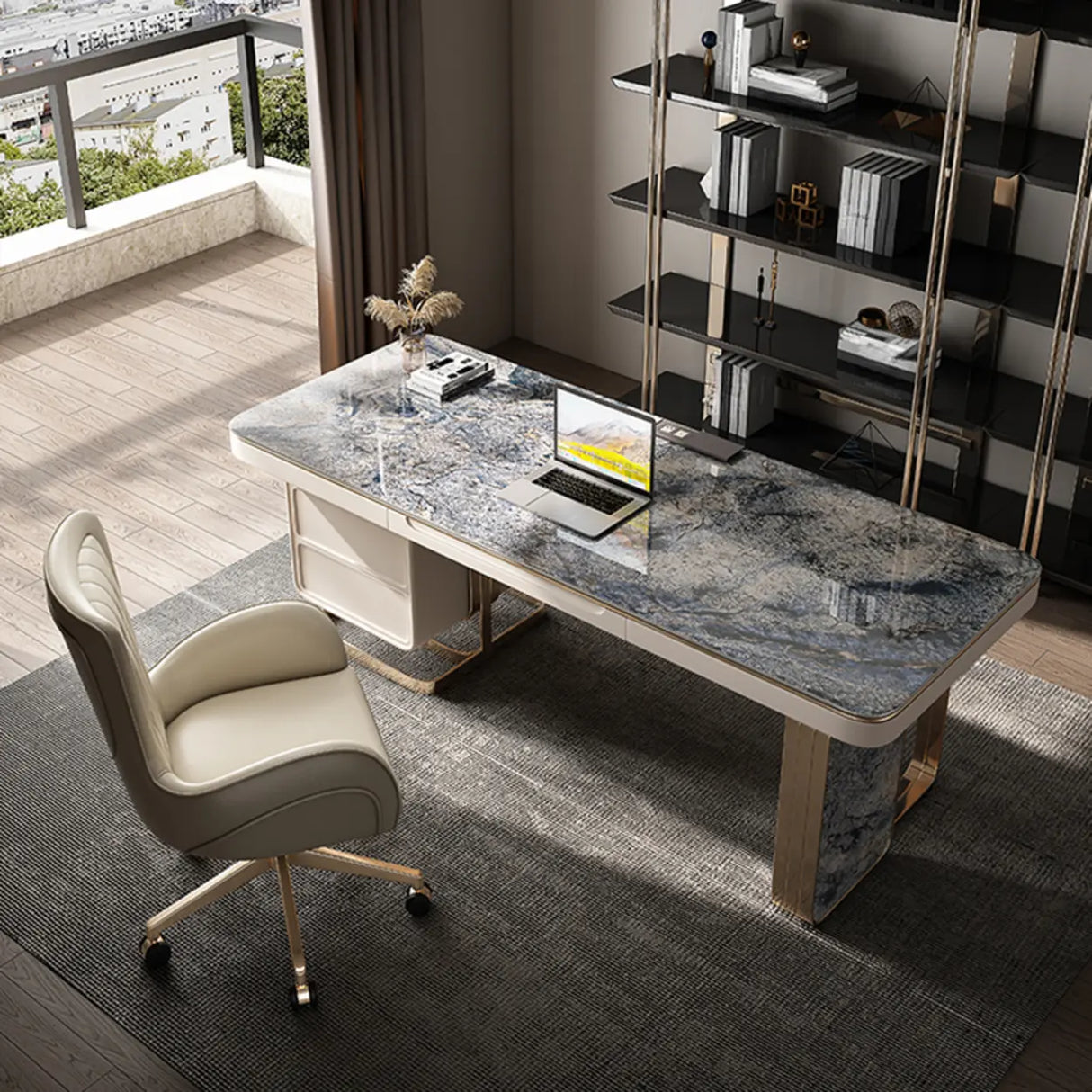 Blue Standard Stone Writing Desk with Drawers Image - 1