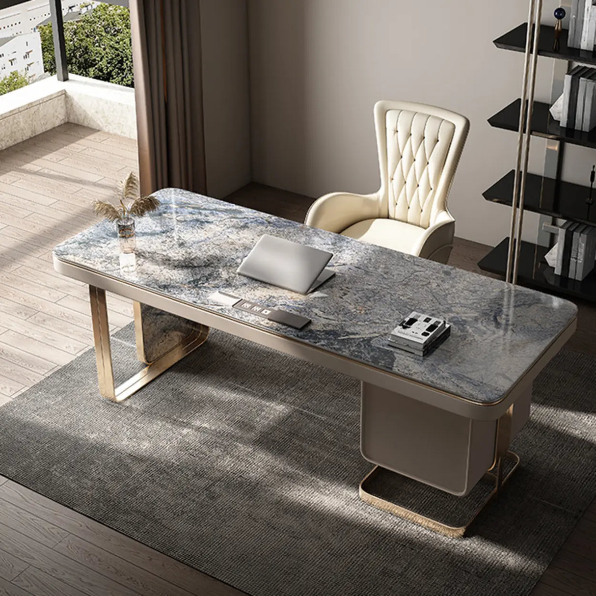 Blue Standard Stone Writing Desk with Drawers Image - 3