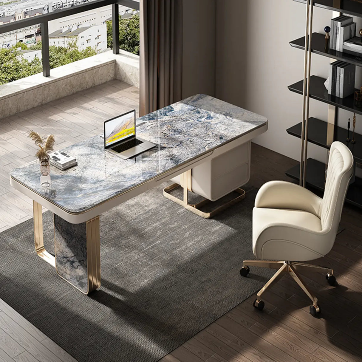 Blue Standard Stone Writing Desk with Drawers Image - 4