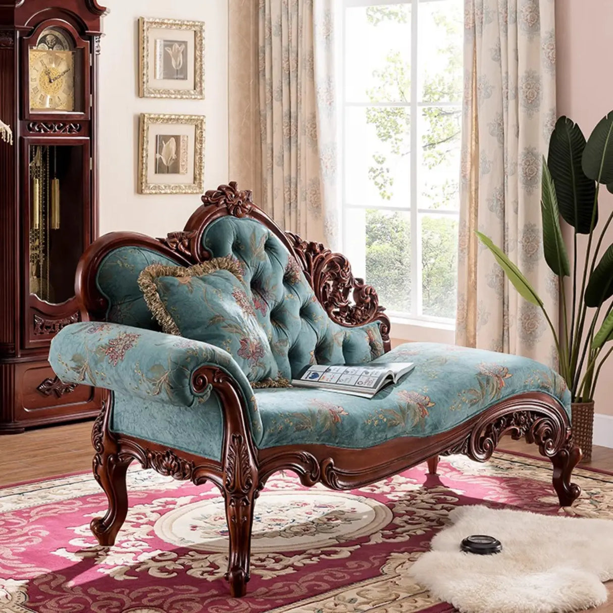 Blue Vintage Carved Upholstered Reclining Chaise Lounge Image - 1