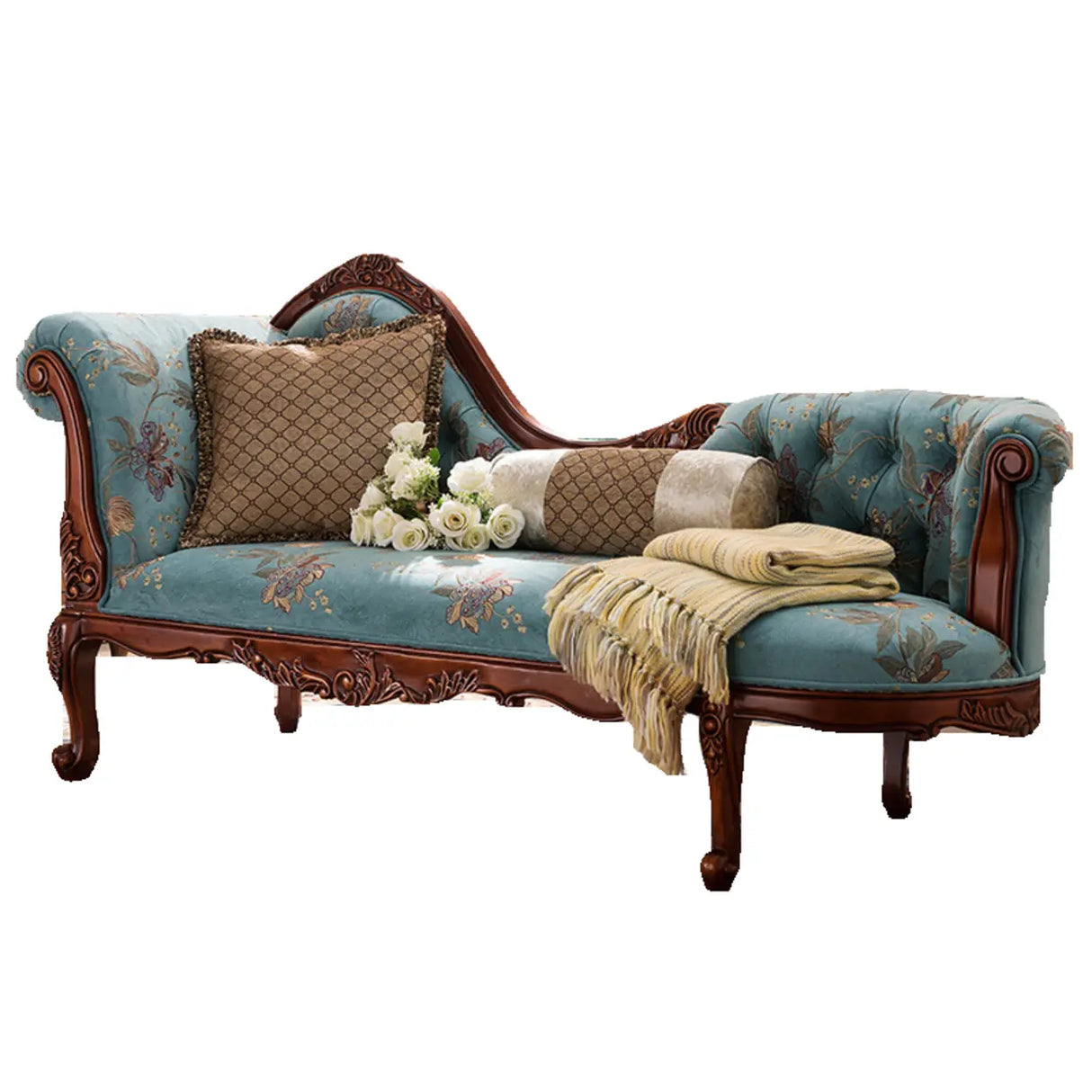 Blue Vintage Carved Upholstered Reclining Chaise Lounge Image - 15