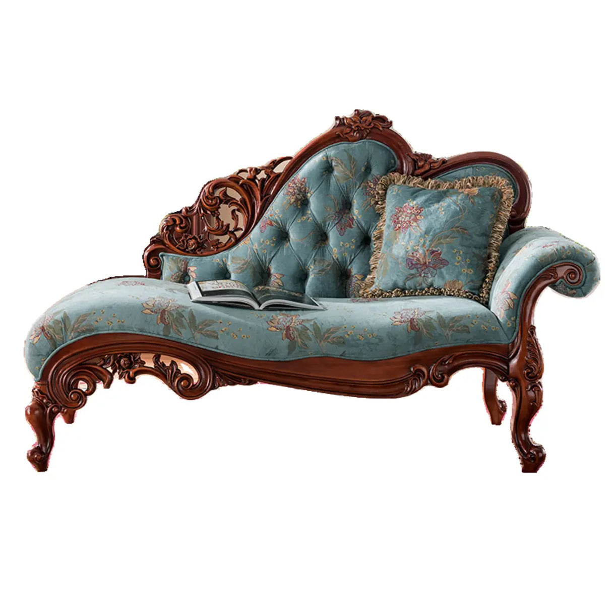 Blue Vintage Carved Upholstered Reclining Chaise Lounge Image - 2