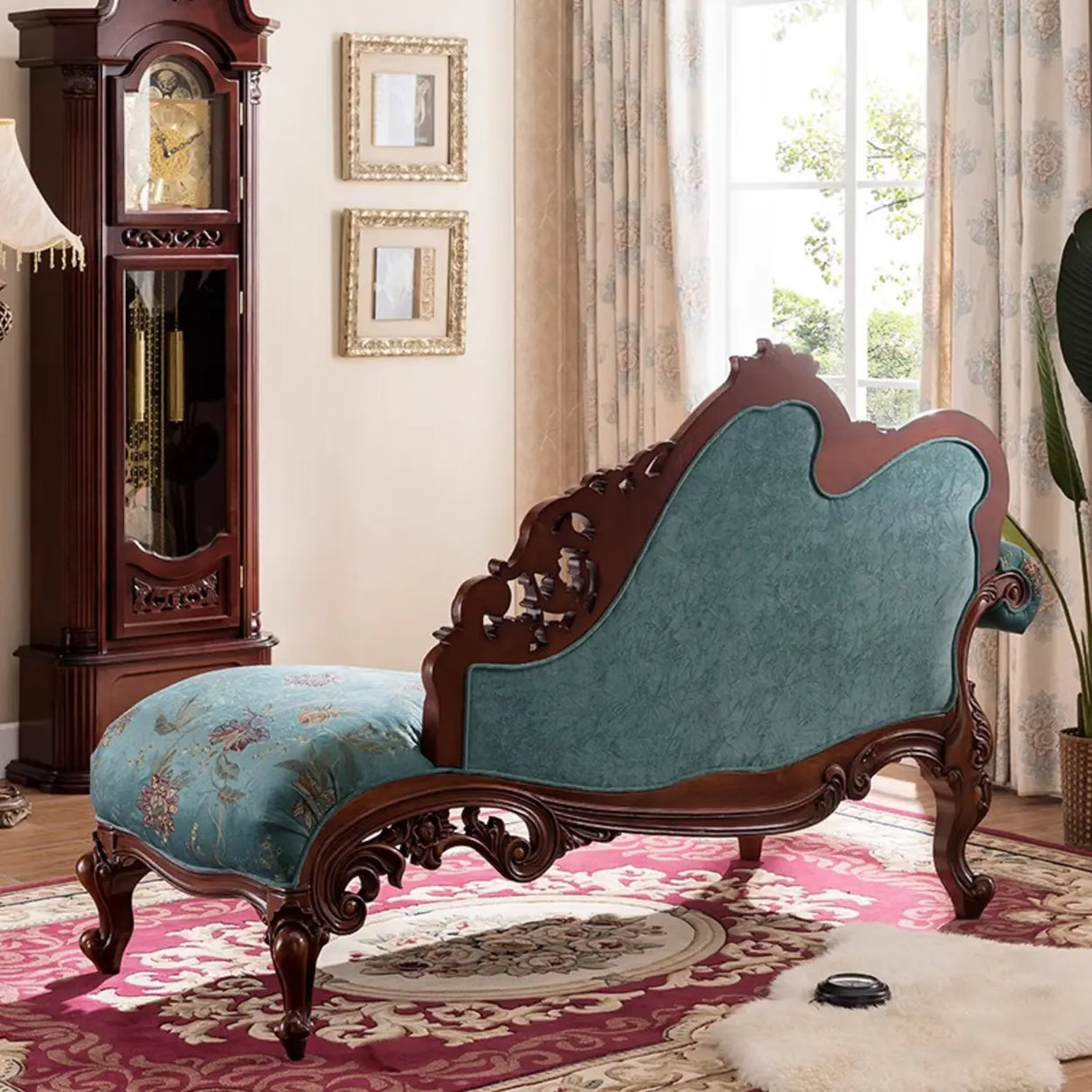 Blue Vintage Carved Upholstered Reclining Chaise Lounge Image - 4