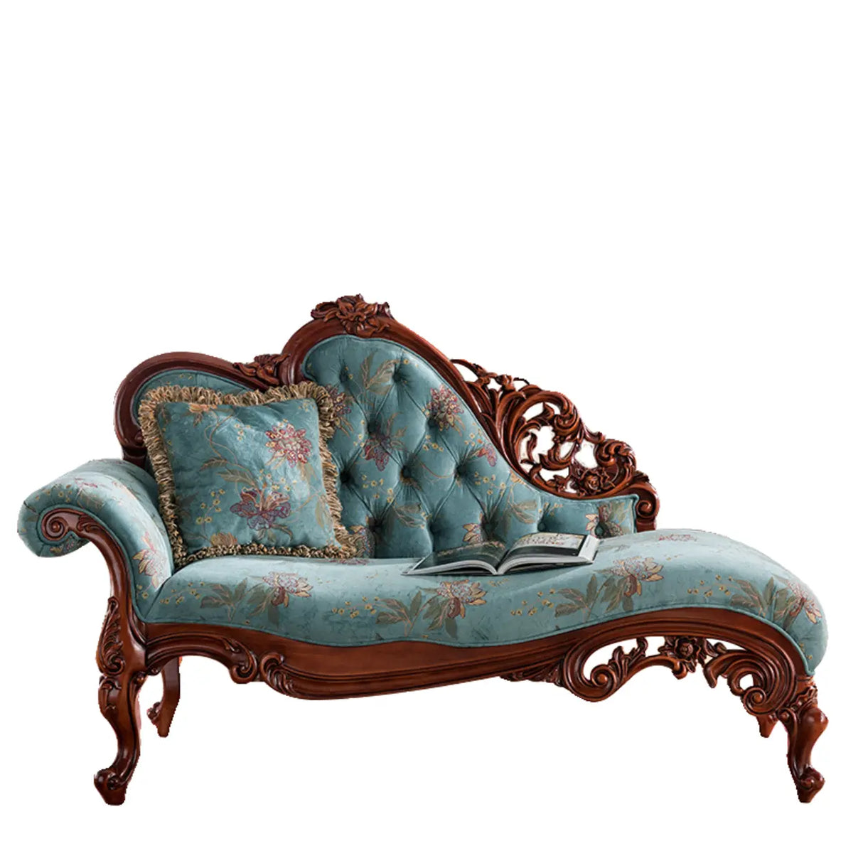Blue Vintage Carved Upholstered Reclining Chaise Lounge Image - 10