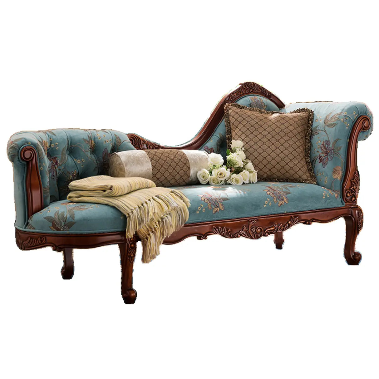 Blue Vintage Carved Upholstered Reclining Chaise Lounge Image - 13