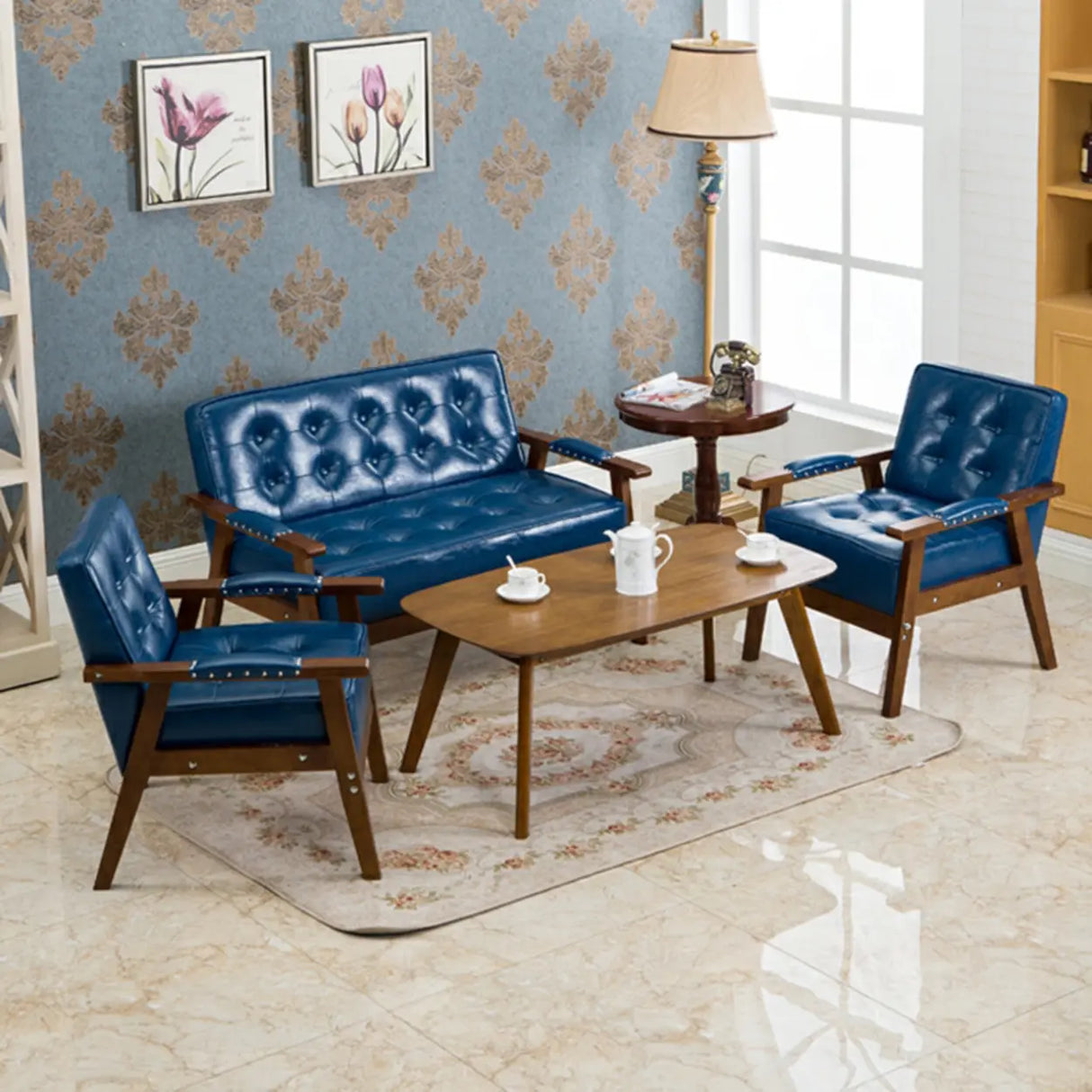 Blue Waterproof Faux Leather Loveseat	with Wood Legs Image - 1