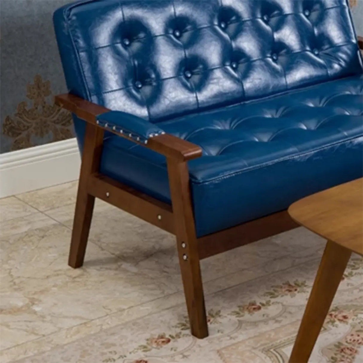 Blue Waterproof Faux Leather Loveseat	with Wood Legs Image - 15