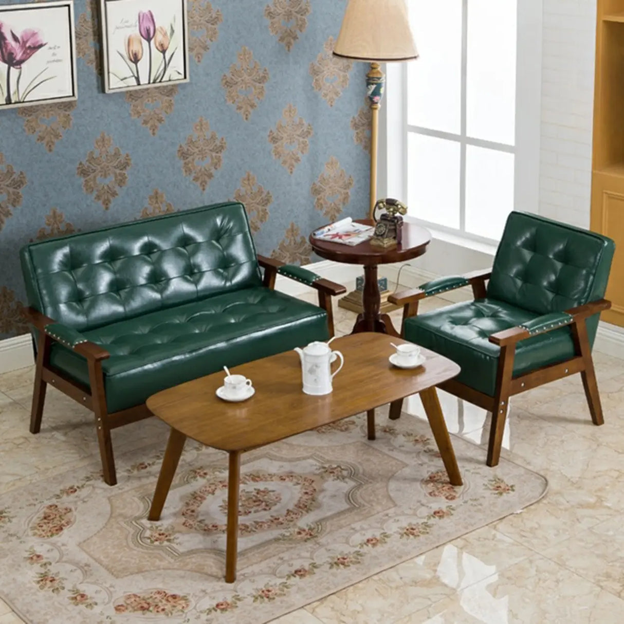 Blue Waterproof Faux Leather Loveseat	with Wood Legs Image - 3