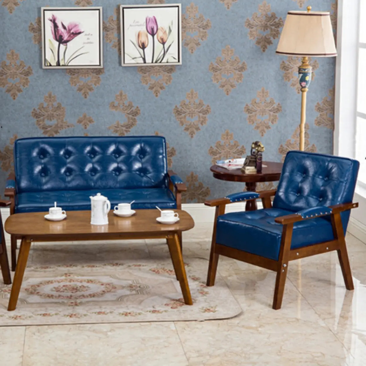 Blue Waterproof Faux Leather Loveseat	with Wood Legs Image - 6