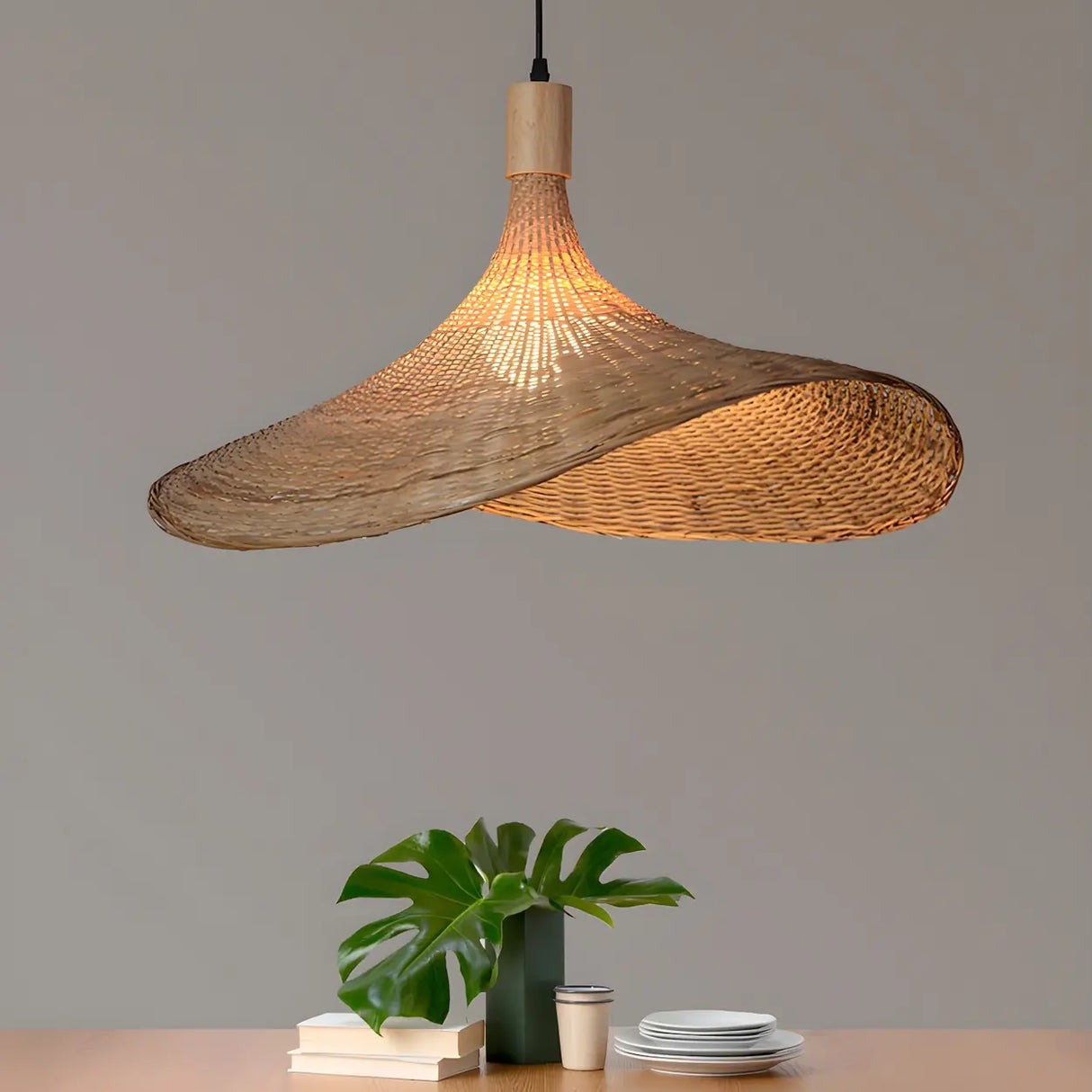 Bohemian Asymmetrical Bamboo Dining Light Beige Medium Single Pendant Image - 1