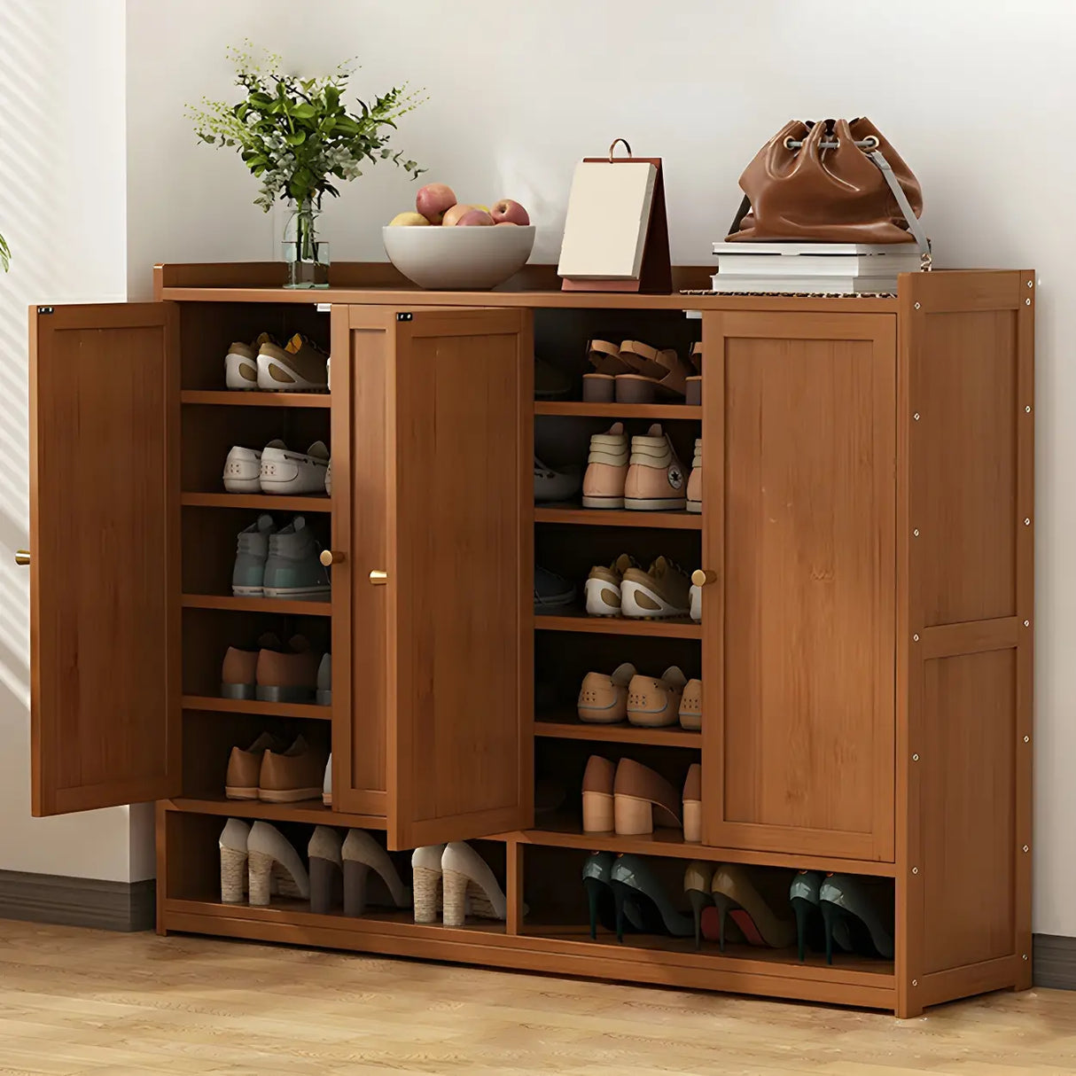 Bohemian Bamboo Hallway Brown Medium Shoe Storage Cabinet Image - 11