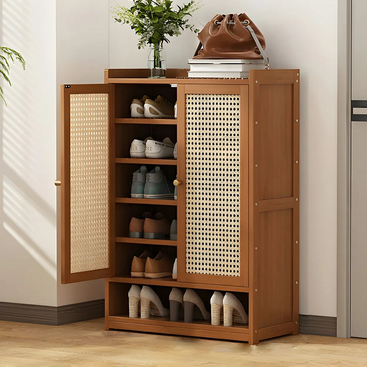 Bohemian Bamboo Hallway Brown Medium Shoe Storage Cabinet Image - 13