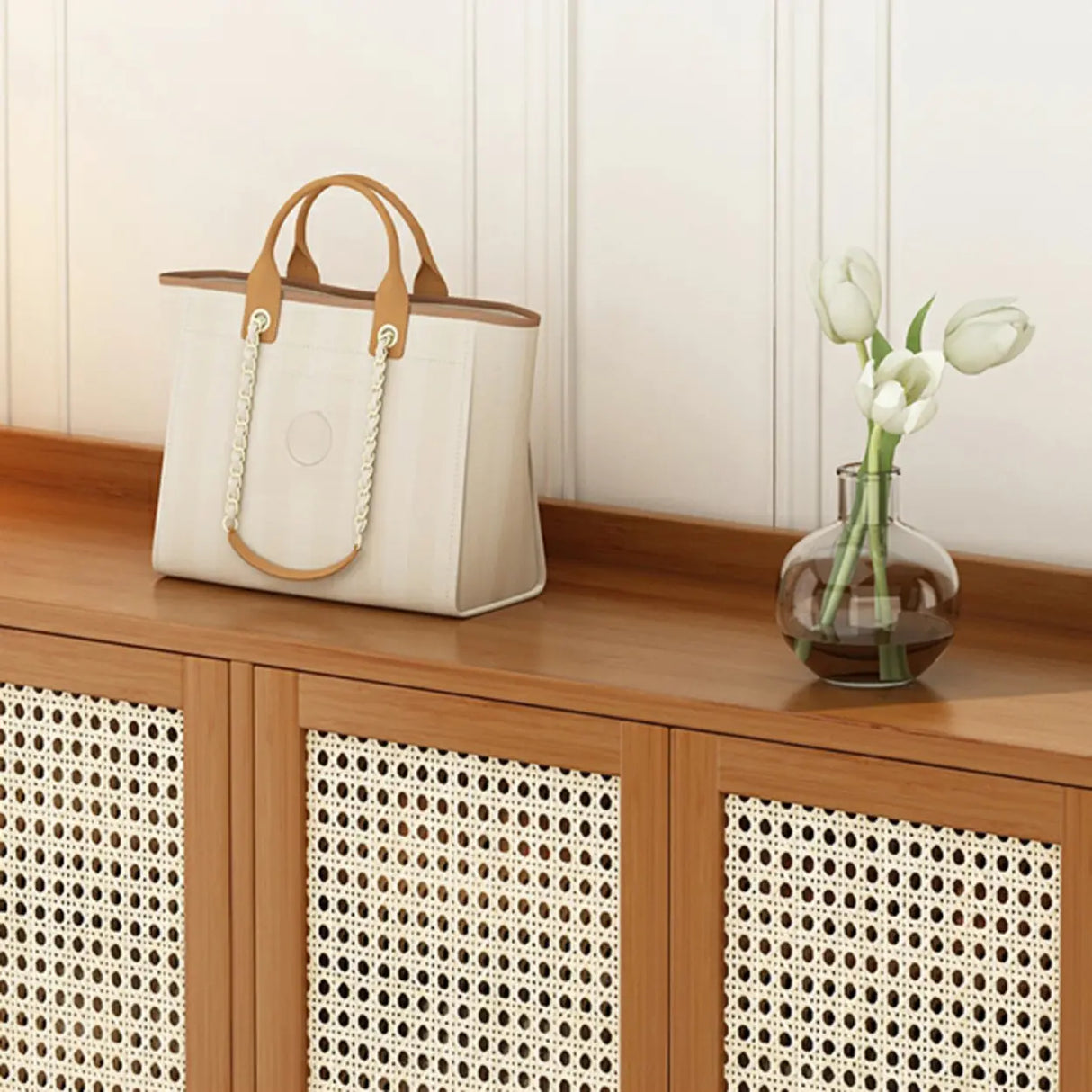 Bohemian Bamboo Hallway Brown Medium Shoe Storage Cabinet Image - 14