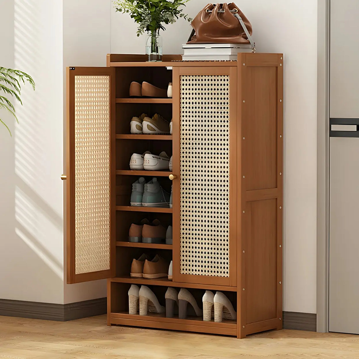 Bohemian Bamboo Hallway Brown Medium Shoe Storage Cabinet Image - 15