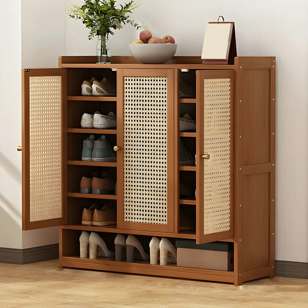 Bohemian Bamboo Hallway Brown Medium Shoe Storage Cabinet Image - 17