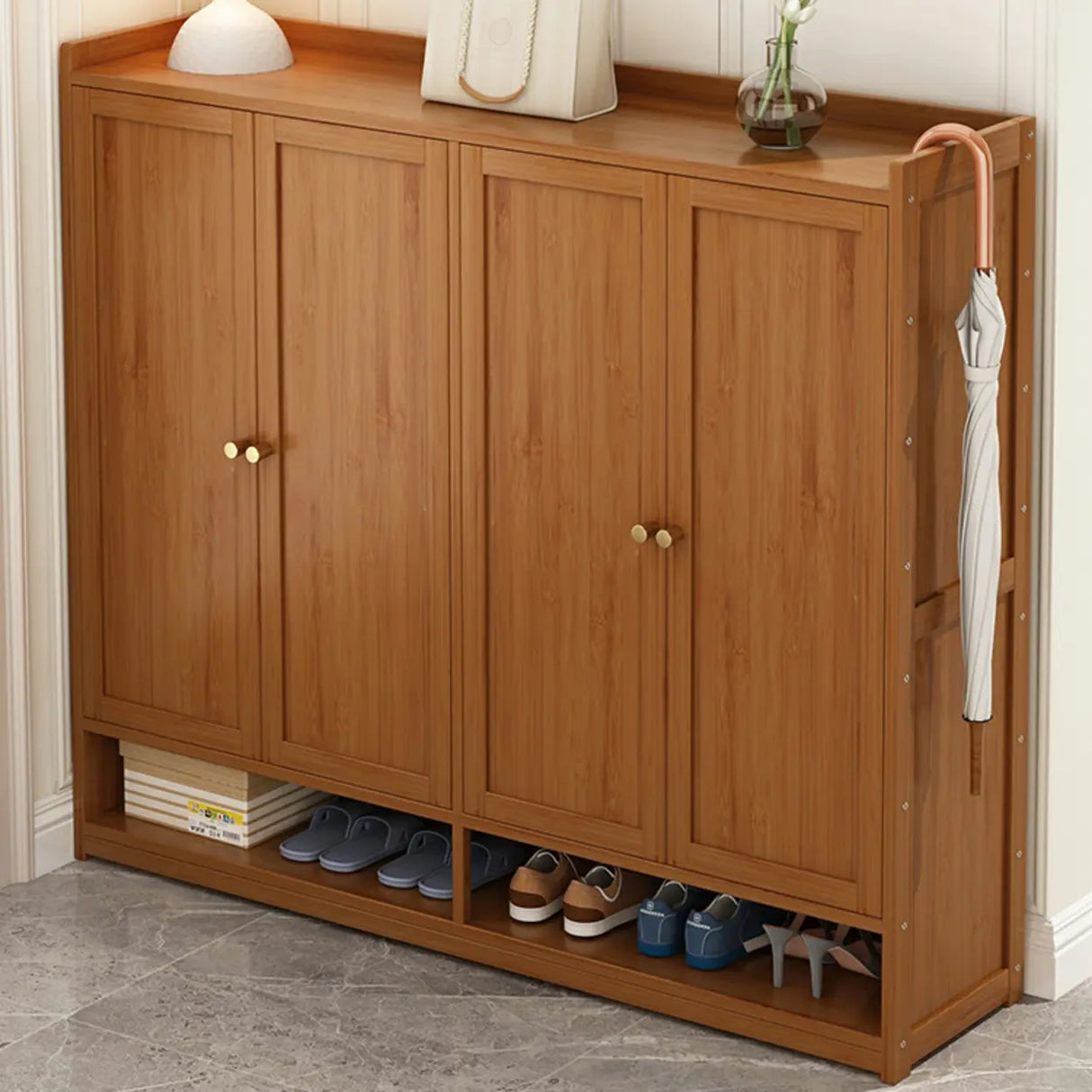 Bohemian Bamboo Hallway Brown Medium Shoe Storage Cabinet Image - 1
