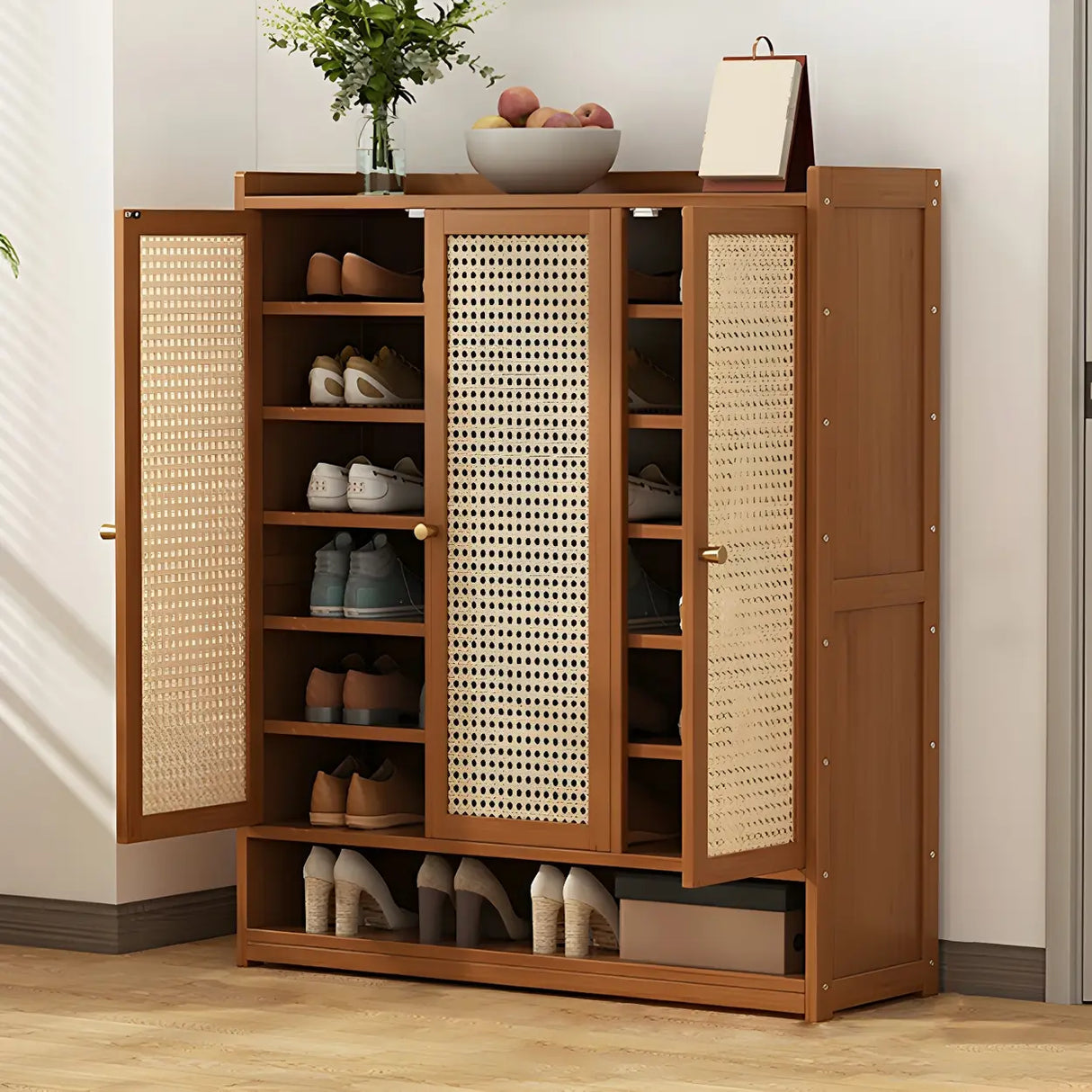 Bohemian Bamboo Hallway Brown Medium Shoe Storage Cabinet Image - 20