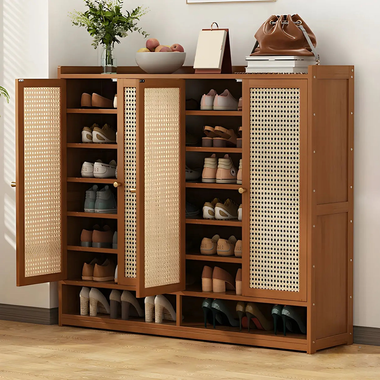 Bohemian Bamboo Hallway Brown Medium Shoe Storage Cabinet Image - 22