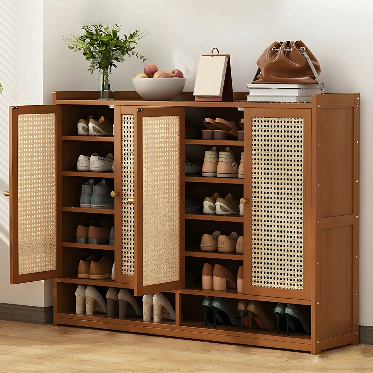 Bohemian Bamboo Hallway Brown Medium Shoe Storage Cabinet Image - 23