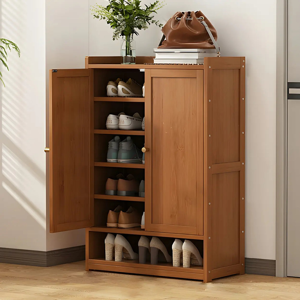 Bohemian Bamboo Hallway Brown Medium Shoe Storage Cabinet Image - 2